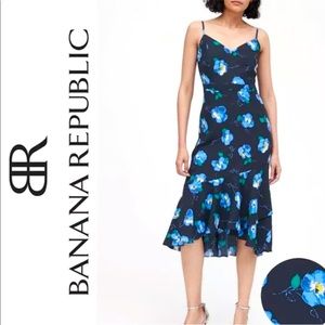 banana republic blue navy floral v neck midi asymetrical spagetthi strap dress